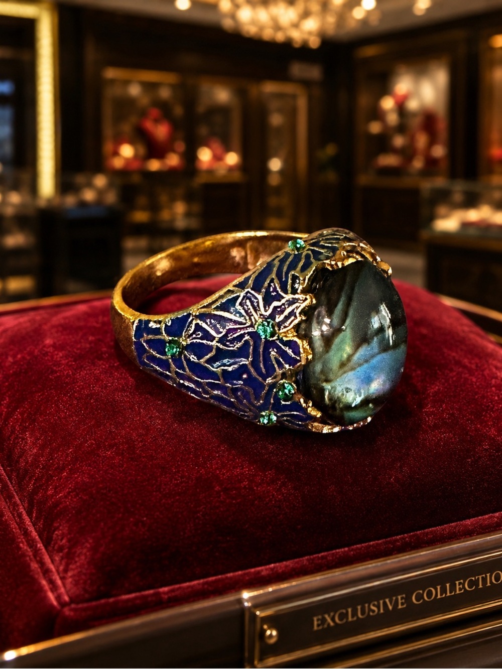 Deep Blue Enamel and Abalone Quartz Dome Gold Tone Ring Flower Accent ring